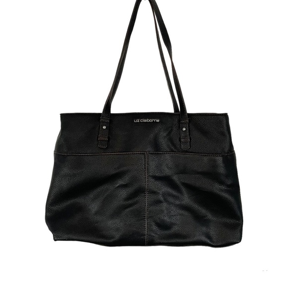 Liz Claiborne Black Faux Leather Shoulder Bag Laptop Office Work Large Tote - Picture 1 of 10